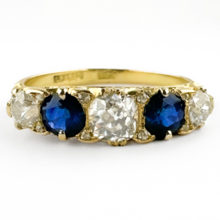 Victorian Diamond & Sapphire 5 Stone Half Hoop Ring 18ct gold front view