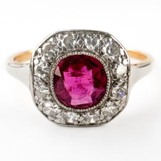 front view of Edwardian-Burma-Ruby-Diamond-Cluster-Ring