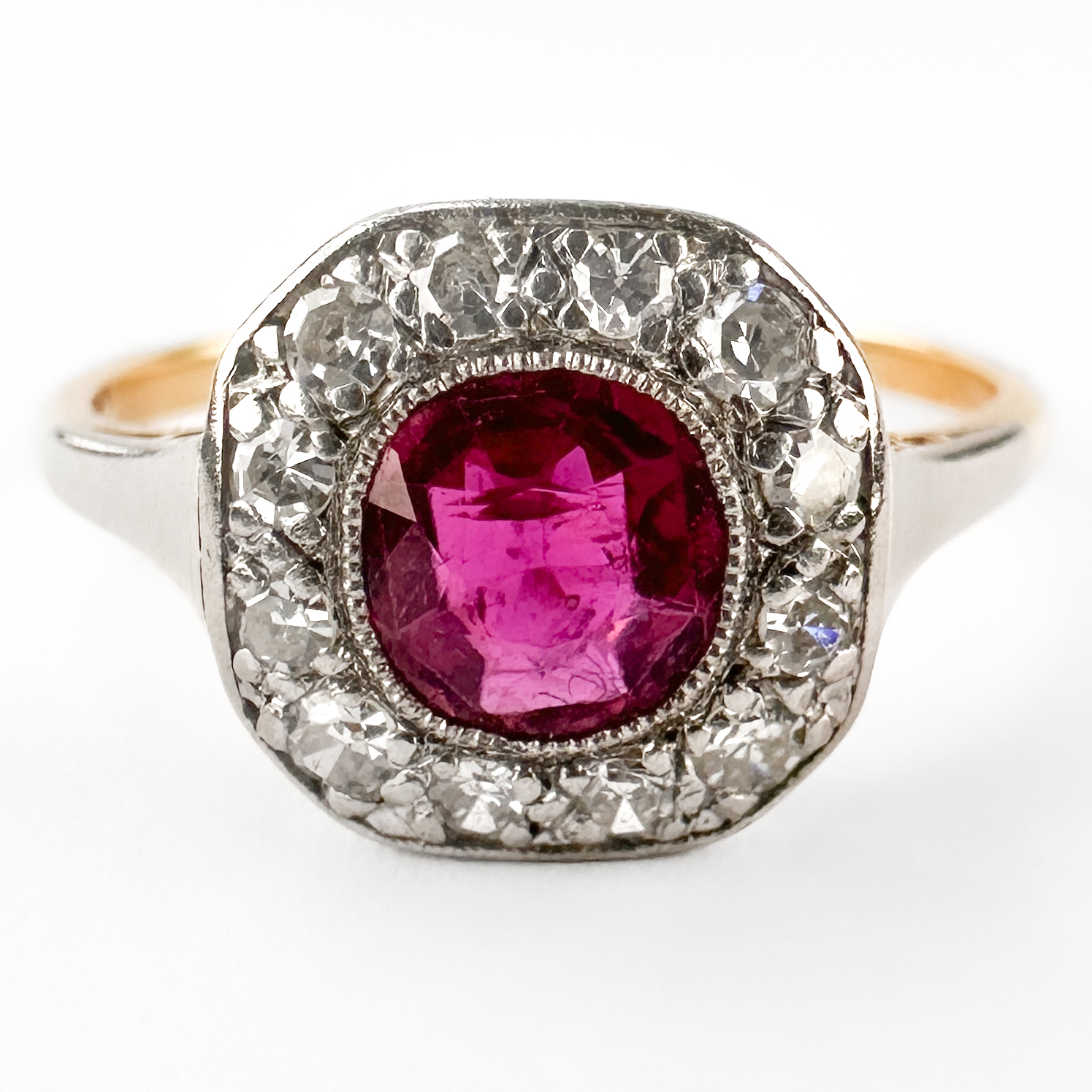 front view of Edwardian-Burma-Ruby-Diamond-Cluster-Ring