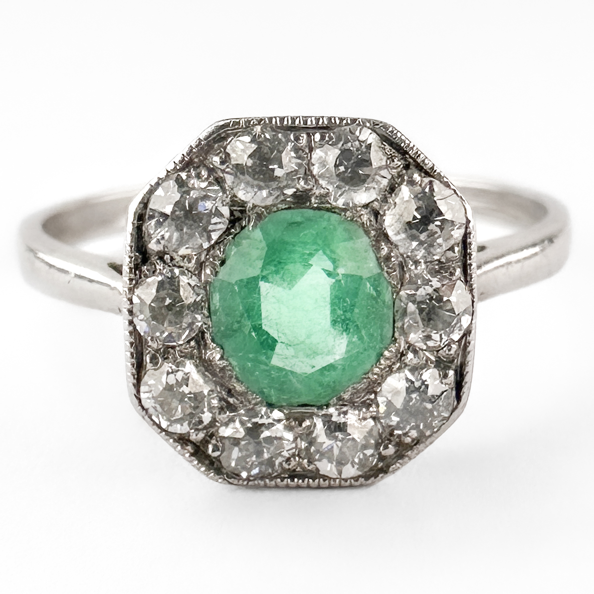 front of Edwardian Emerald & Diamond Cluster Ring platinum