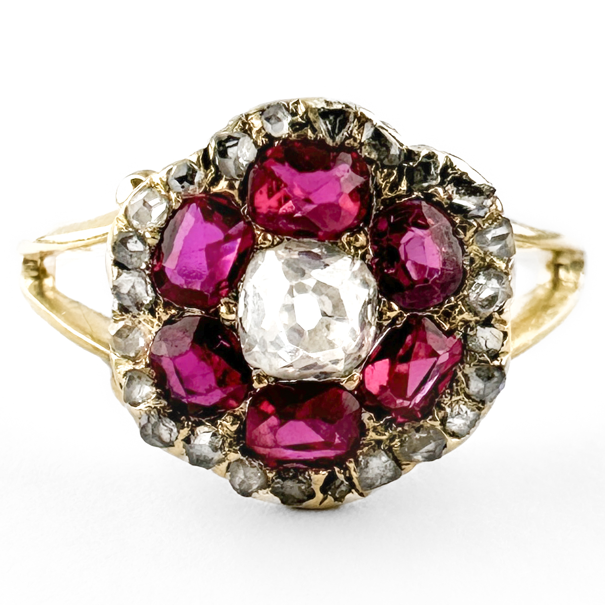 Victorian Burma Ruby & Diamond Hexagonal Cluster Ring 15ct gold view from front