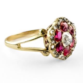 Victorian Burma Ruby & Diamond Hexagonal Cluster Ring 15ct gold side view