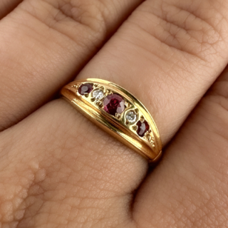 1921 Ruby & Diamond Boat Ring 18ct gold on hand