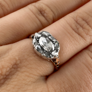 Georgian Rose Cut Diamond Cluster 15ct gold Ring on hand