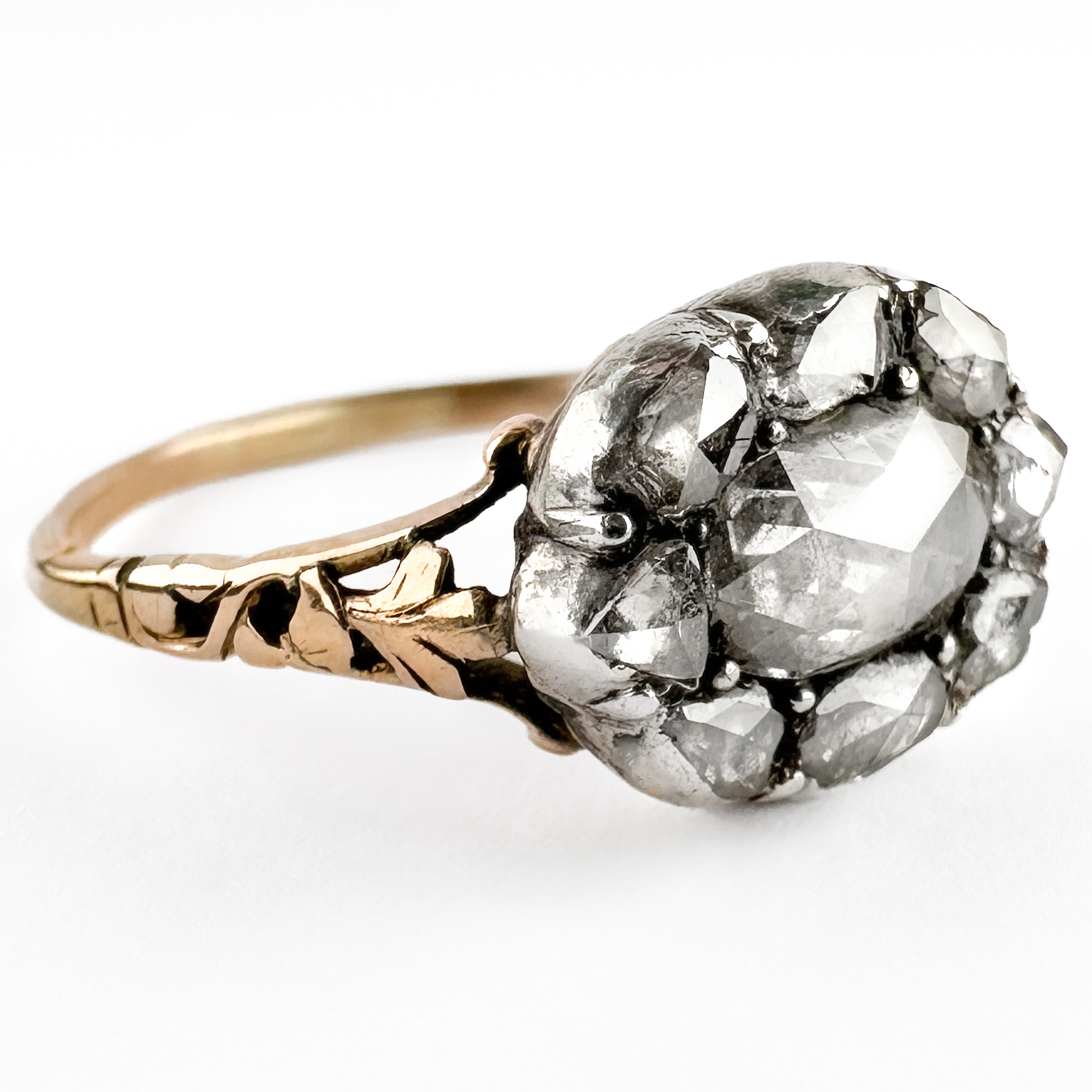 side view of Georgian Rose Cut Diamond Cluster Ring 15ct gold