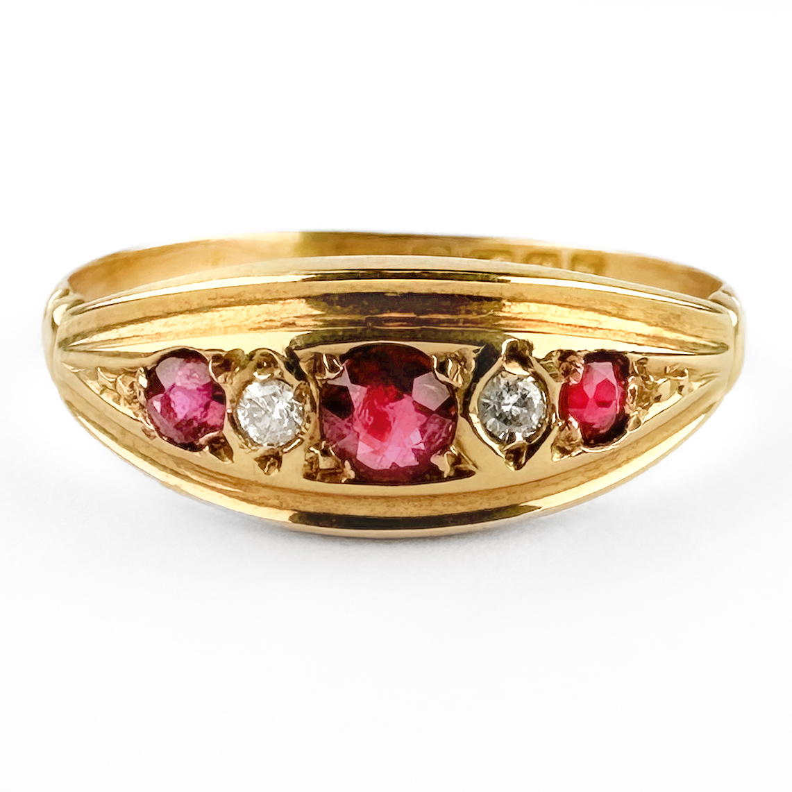 1921 Ruby & Diamond Boat Ring 18ct gold front view