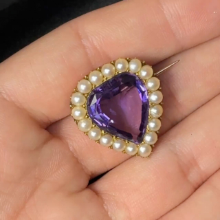Antique Amethyst & Pearl Heart Brooch