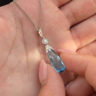 Aquamarine & Diamond Drop Pendant With Chain