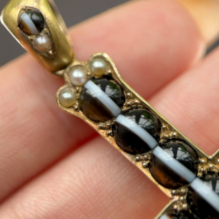 Victorian Banded Agate & Pearl Cross Pendant