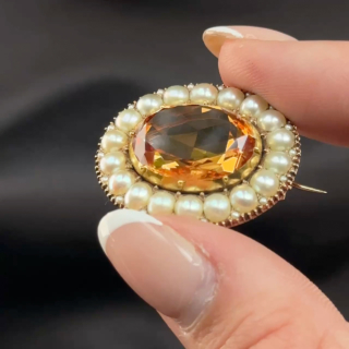 Victorian Topaz & Pearl Oval Brooch