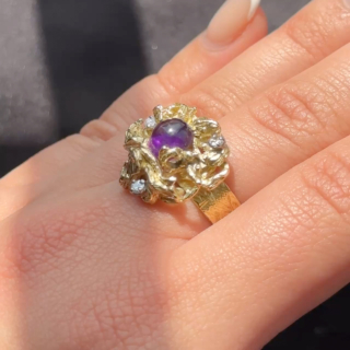 Vintage Brutalist Gold Amethyst & Diamond