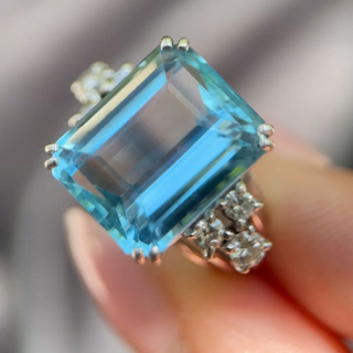 Vintage Emerald-Cut Aquamarine and Diamond Ri