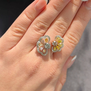 Yellow, Pink & White Diamond Flower Ring